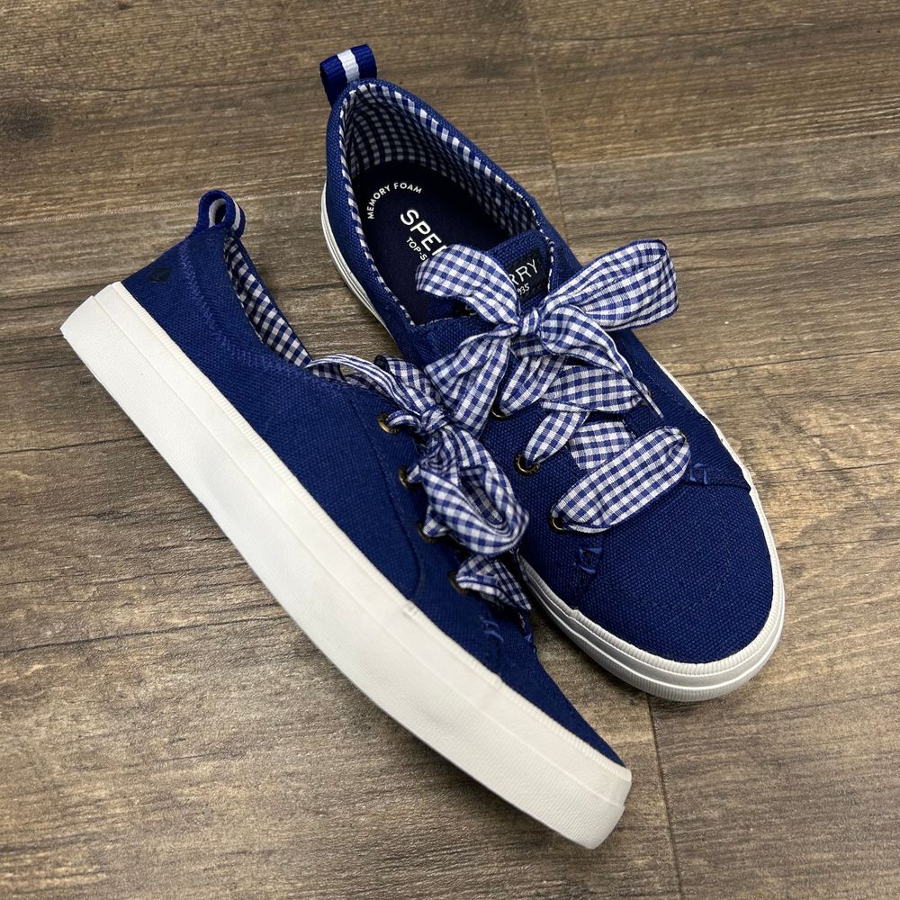 EUC Sperry Crest Vibe‎ Gingham Lace Shoes Women Size 7 Blue Preppy STS83778